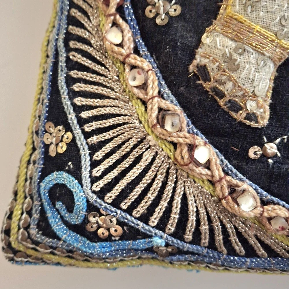 Vintage Boho Kalaga Burmese Elephant Embroidered Sequin Throw Accent Pillows x 2